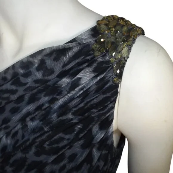 TADASHI SHOJI Evening Dress, XL, Grey Animal Print, Jeweled One Shoulder, Ruched - Picture 2 of 15